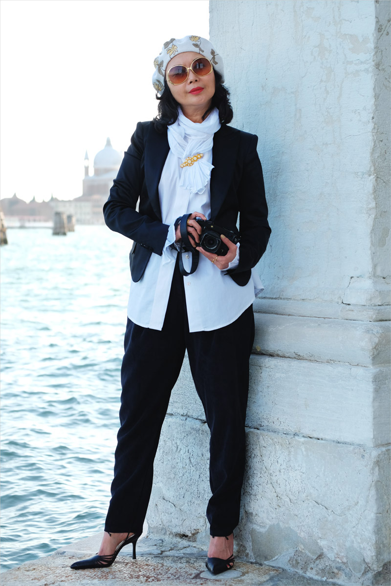 Pirate blouse styling with black blazer and black pants. New Romantic inspired look. Fashion photography by Kent Johnson for White Caviar Life. Photoshoot on location in Venice.